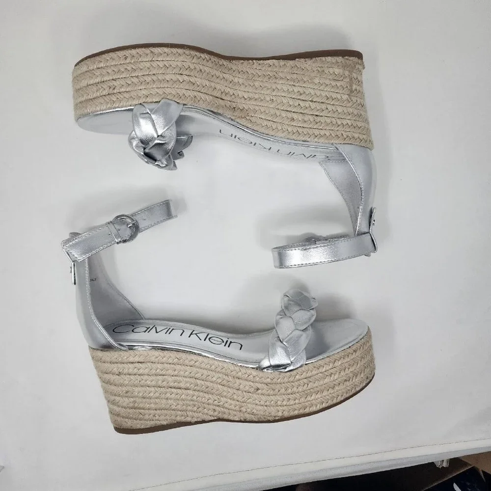 Calvin Klein Wedge Sandals Womens 8.5 Silver Thea Faux Leather Heels Shoes
